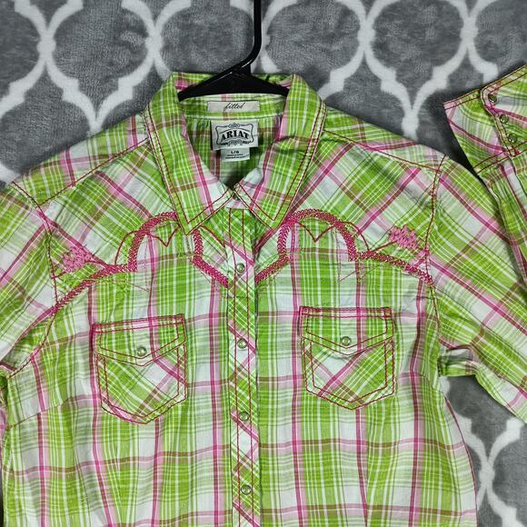 Ariat Shirt Womens Large Green Pink Plaid Fitted Western Pearl Snap Embroidered - Picture 1 of 14